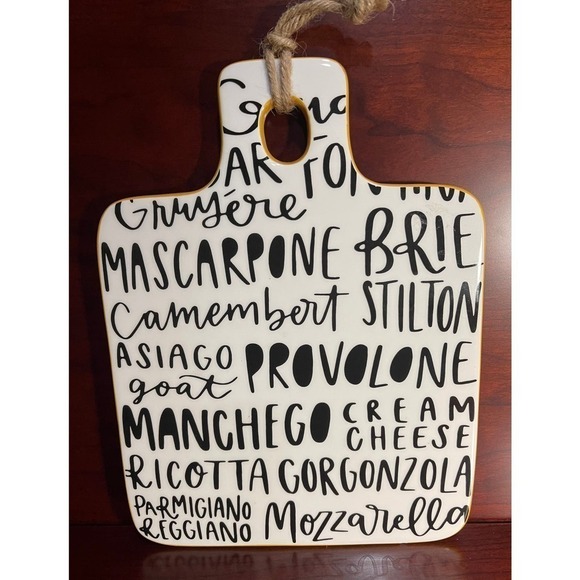 Earthenware Ceramic Cheese Board White With Black Lettering & Yellow Accent Edge - Picture 1 of 6